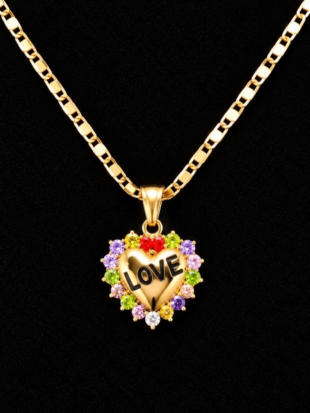 Gold-Plated 'LOVE' Heart Pendant Necklace with Multicolor Stones